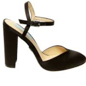 Betsey Johnson Cora black satin fabric almond toe heels ankle strap